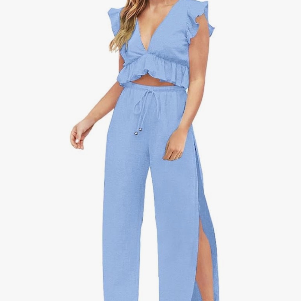 Two piece deep v crop & side slit linen pant